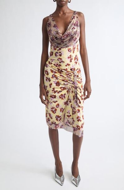 Rabanne Rabanne Chain Mail Floral Ruched Cowl Neck Dress