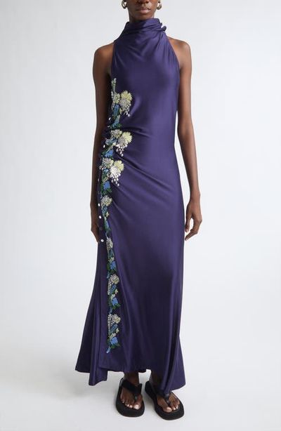 Rabanne Rabanne Embroidered Mock Neck Sleeveless Satin Gown