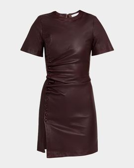 Rabanne Ruched Leather Short-Sleeve Mini Dress