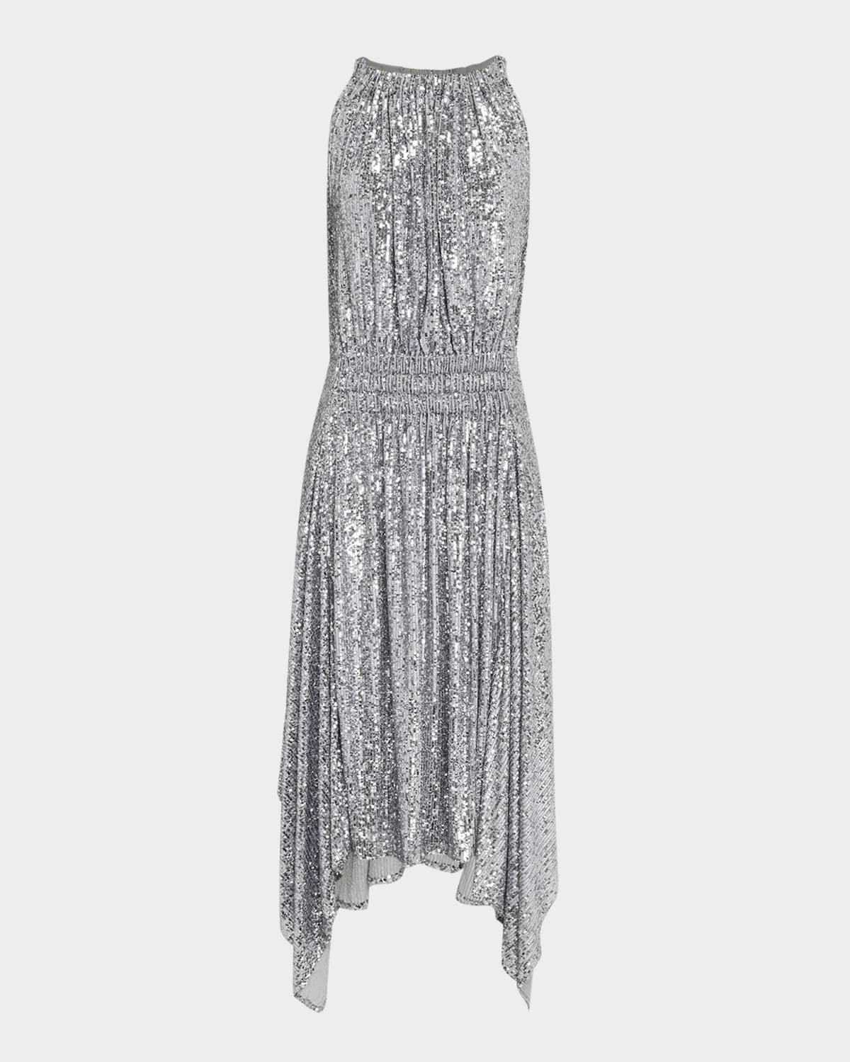 Rabanne Sleeveless Draped Sequined Midi Dress