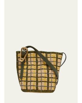 Rabanne Small Plaid Raffia Bucket Bag