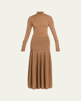 Rabanne Turtleneck Wool-Silk Knit Drop-Waist Maxi Dress