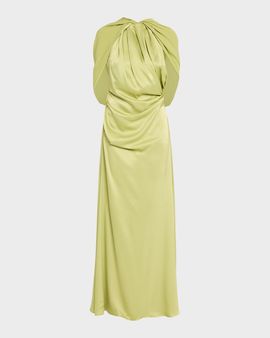 Rachel Gilbert Hallie Draped Satin Cape-Sleeve Gown