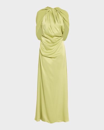 Rachel Gilbert Hallie Draped Satin Cape-Sleeve Gown