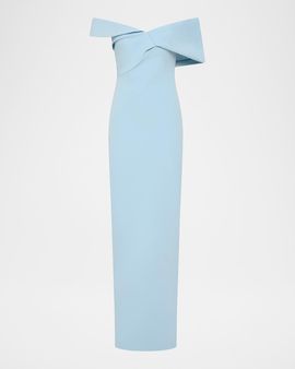 Rachel Gilbert Maddie Draped Off-The-Shoulder Column Gown