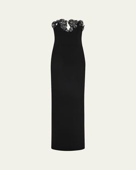 Rachel Gilbert Mirage Floral-Embellished Strapless Column Gown