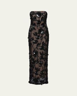 Rachel Gilbert Pierre Strapless Embroidered Tulle Column Gown