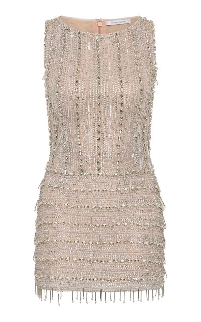 Rachel Gilbert Rachel Gilbert Florentine Fringed Crystal Tulle Mini Dress Silver