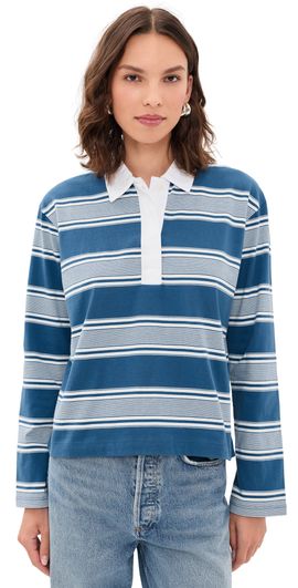 rag & bone rag & bone Kelly Stripe Long Sleeve Polo Blue Multi