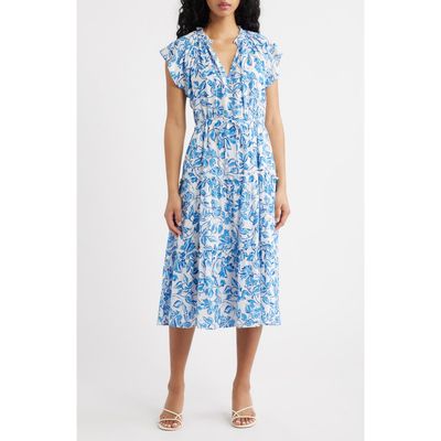 Rails Rails Juni Floral Tie Waist Linen Blend Midi Dress