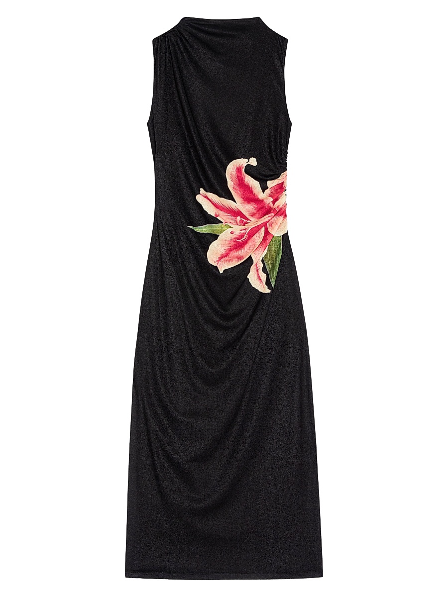 floral jacquard midi dress Metallic Floral Jacquard Ruffle Midi Dress In Pink Multi
