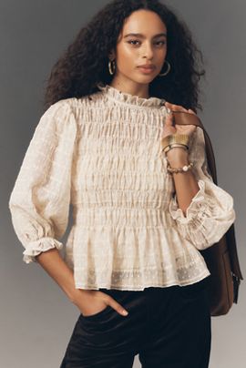 RAISONNEL Romantic Smocked High-Neck Peplum Top