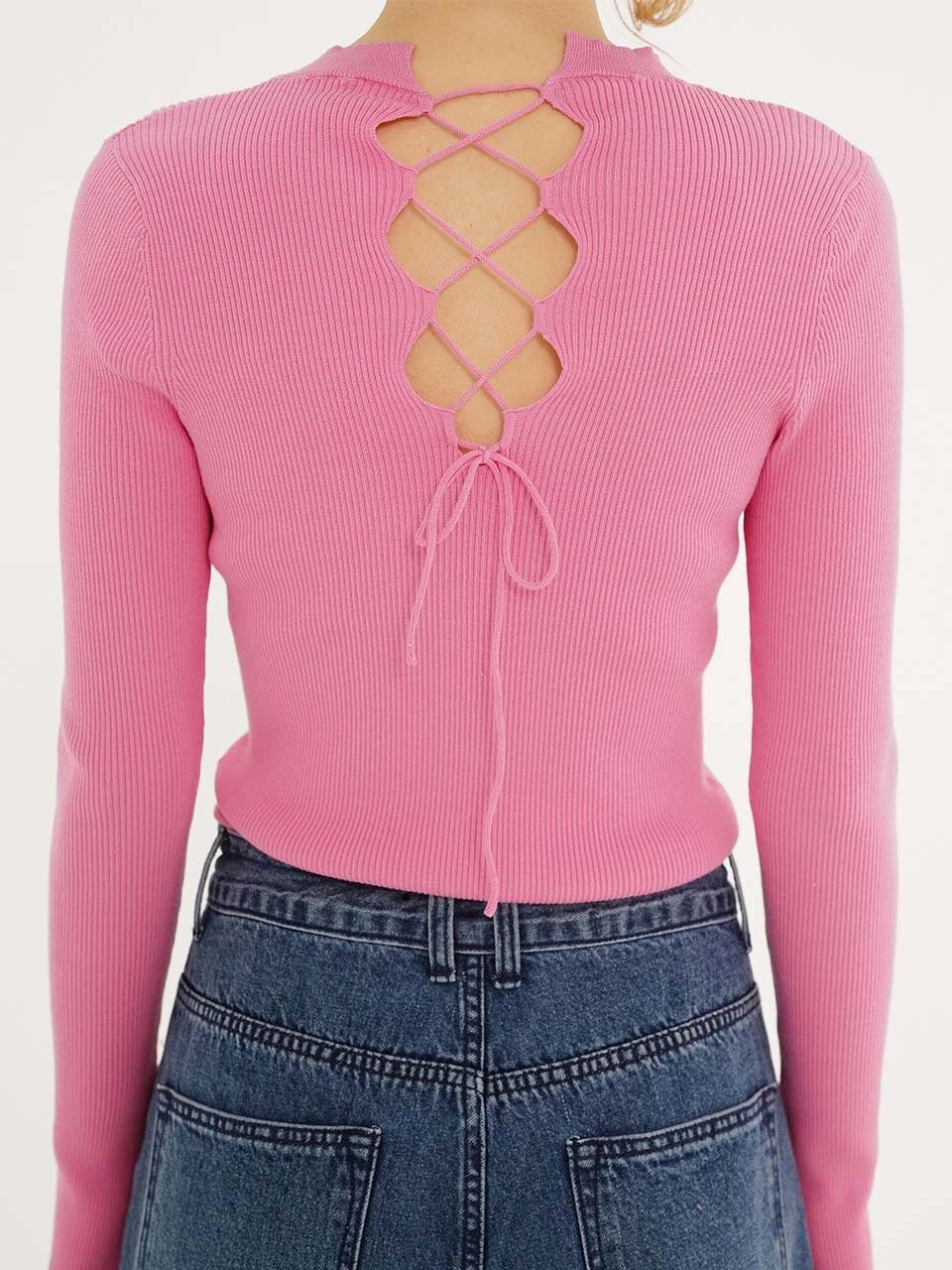 RAIVE Back String Knit Top_Pink