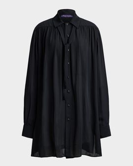 Ralph Lauren Collection Gathered Long-Sleeve Oversized Blouse With Neck Tie