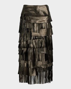 Ralph Lauren Collection Metallic Leather Tiered Fringe Midi Skirt