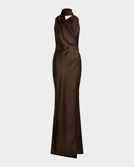 Ralph Lauren Collection Neck-Scarf Washed Duchesse-Silk Wrap Gown