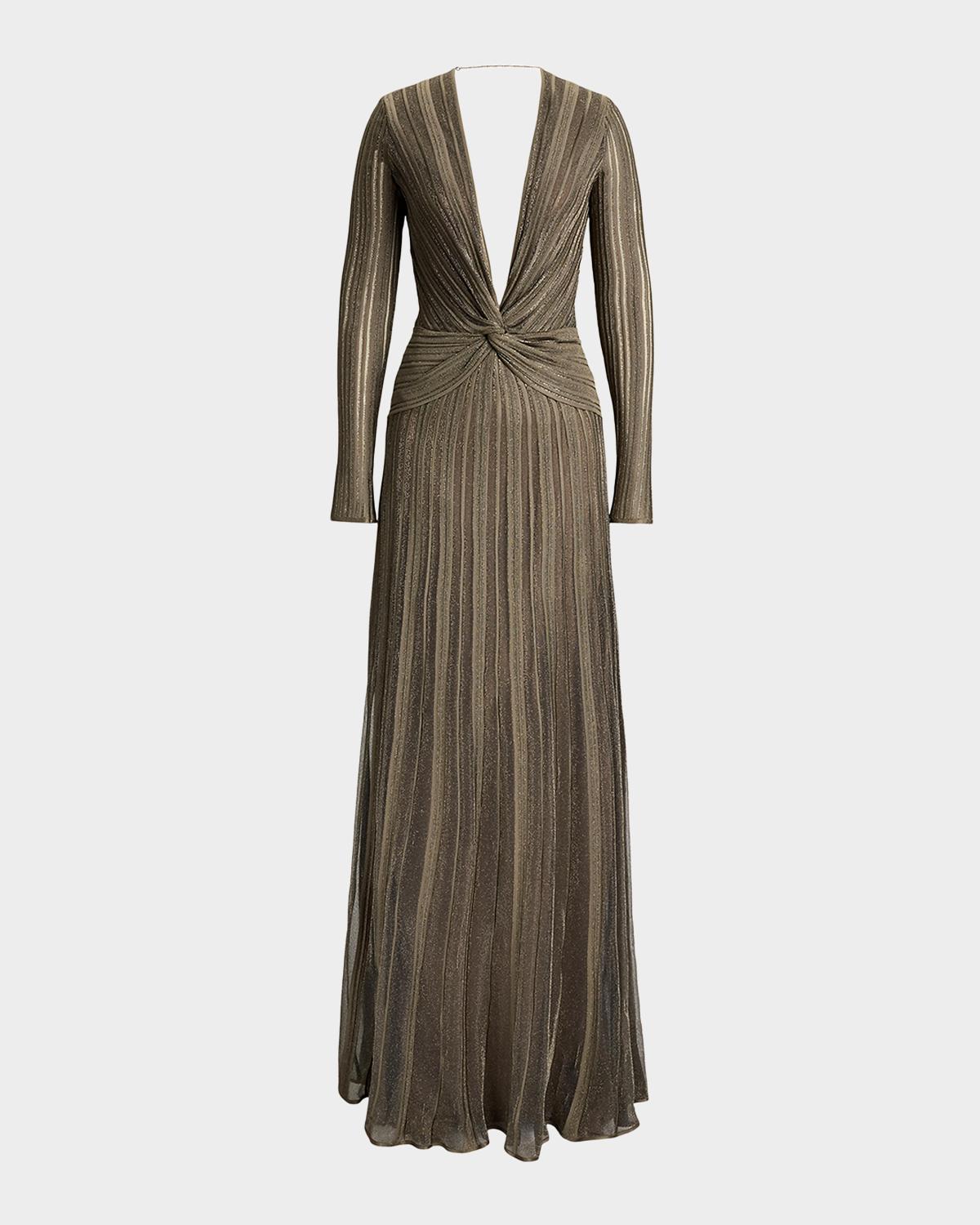 Ralph Lauren Collection Plunging Twisted Metallic Pleated Knit Maxi Dress