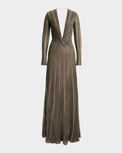 Ralph Lauren Collection Plunging Twisted Metallic Pleated Knit Maxi Dress