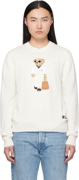 Ralph Lauren Purple Label Ralph Lauren Purple Label White 'Polo Bear' Silk-Linen Sweater