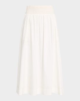 Ramy Brook Galia Smocked Cotton Poplin Midi Skirt