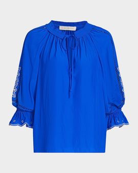 Ramy Brook Haven Embroidered Puff-Sleeve Top