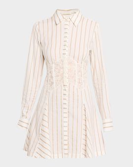 Ramy Brook Wren Striped Lace-Inset Godet Mini Shirtdress