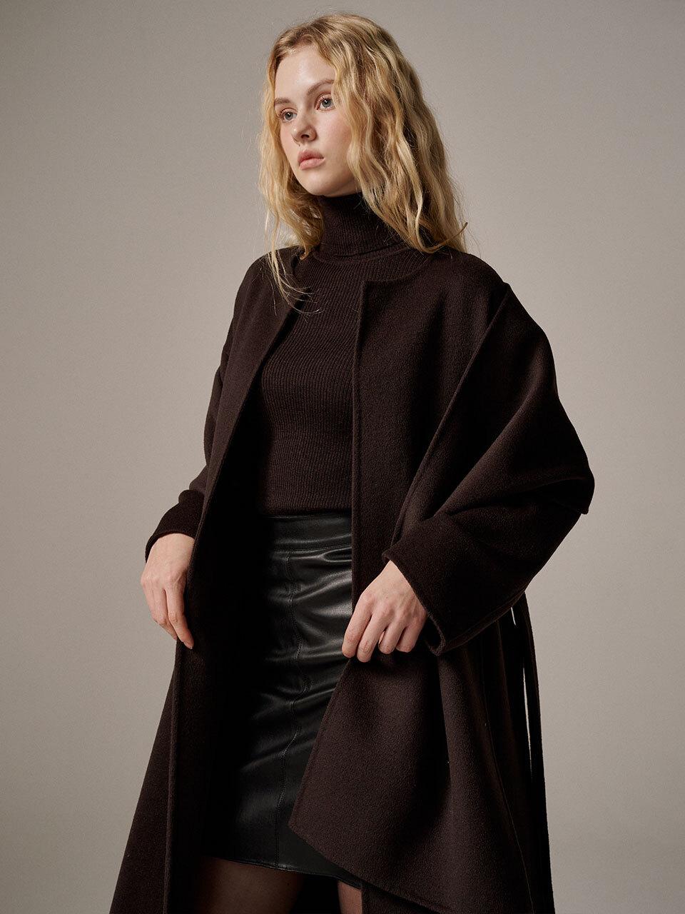 RARE01 Scarf Layered handmade Cashmere Coat - Brown