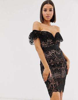 Rare Rare bardot lace midi dress in black/soft pink