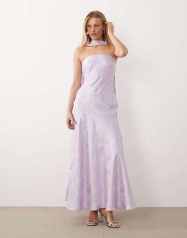 Rare Rare London bandeau scarf detail structured satin floral jacquard maxi dress in lilac-Purple