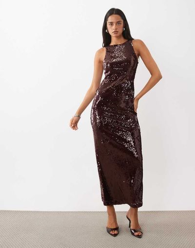 Rare Rare London racer neck sequin maxi dress in burgundy-RED