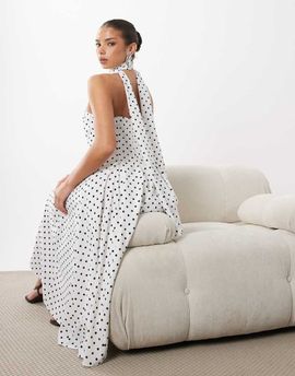 Rare Rare London removable strap scarf detail gathered hip midi dress in mono polka dot-Multi