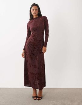 Rare Rare London ruched gathered burnout floral long sleeve maxi dress in burgundy
