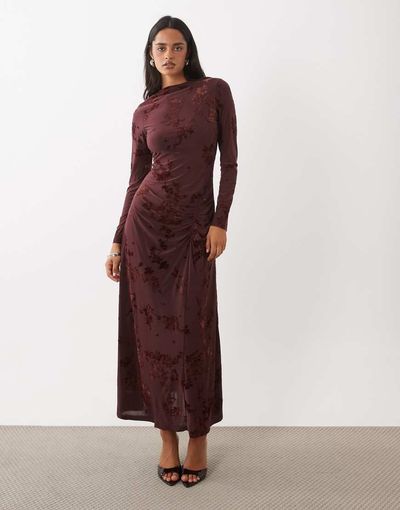 Rare Rare London ruched gathered burnout floral long sleeve maxi dress in burgundy