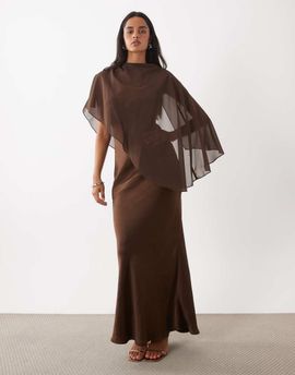 Rare Rare London satin cape detail maxi dress in brown