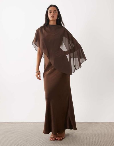 Rare Rare London satin cape detail maxi dress in brown