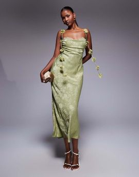 Rare Rare London satin jacquard lace bust petal strap detail maxi dress in olive-Green