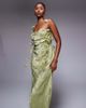 Rare Rare London satin jacquard lace bust petal strap detail maxi dress in olive-Green - 3