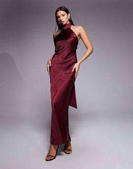 Rare Rare London satin scarf detail halter open back maxi dress in plum-Purple