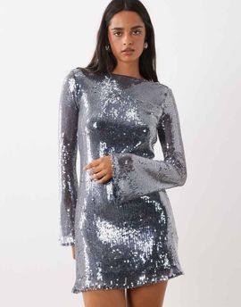 Rare Rare London sequin cowl open back detail shift mini dress in silver-Navy