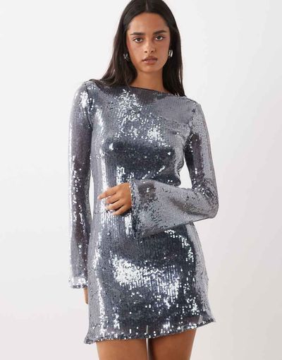 Rare Rare London sequin cowl open back detail shift mini dress in silver-Navy