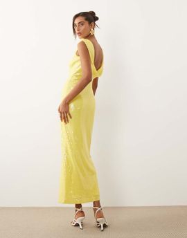 Rare Rare London sequin deep cowl back maxi dress in yellow