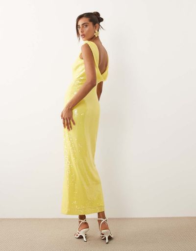 Rare Rare London sequin deep cowl back maxi dress in yellow