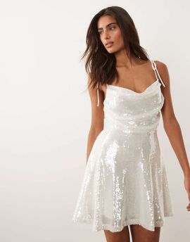 Rare Rare London sequin ruched bust tie back floaty mini dress in white-Multi