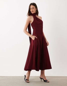 Rare Rare London structured scarf detail pleated skirt midi dress in burgundy