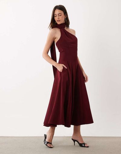 Rare Rare London structured scarf detail pleated skirt midi dress in burgundy