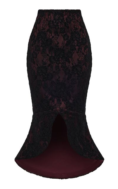 Rasario Asymmetric Lace & Satin Midi Skirt Burgundy FR 34