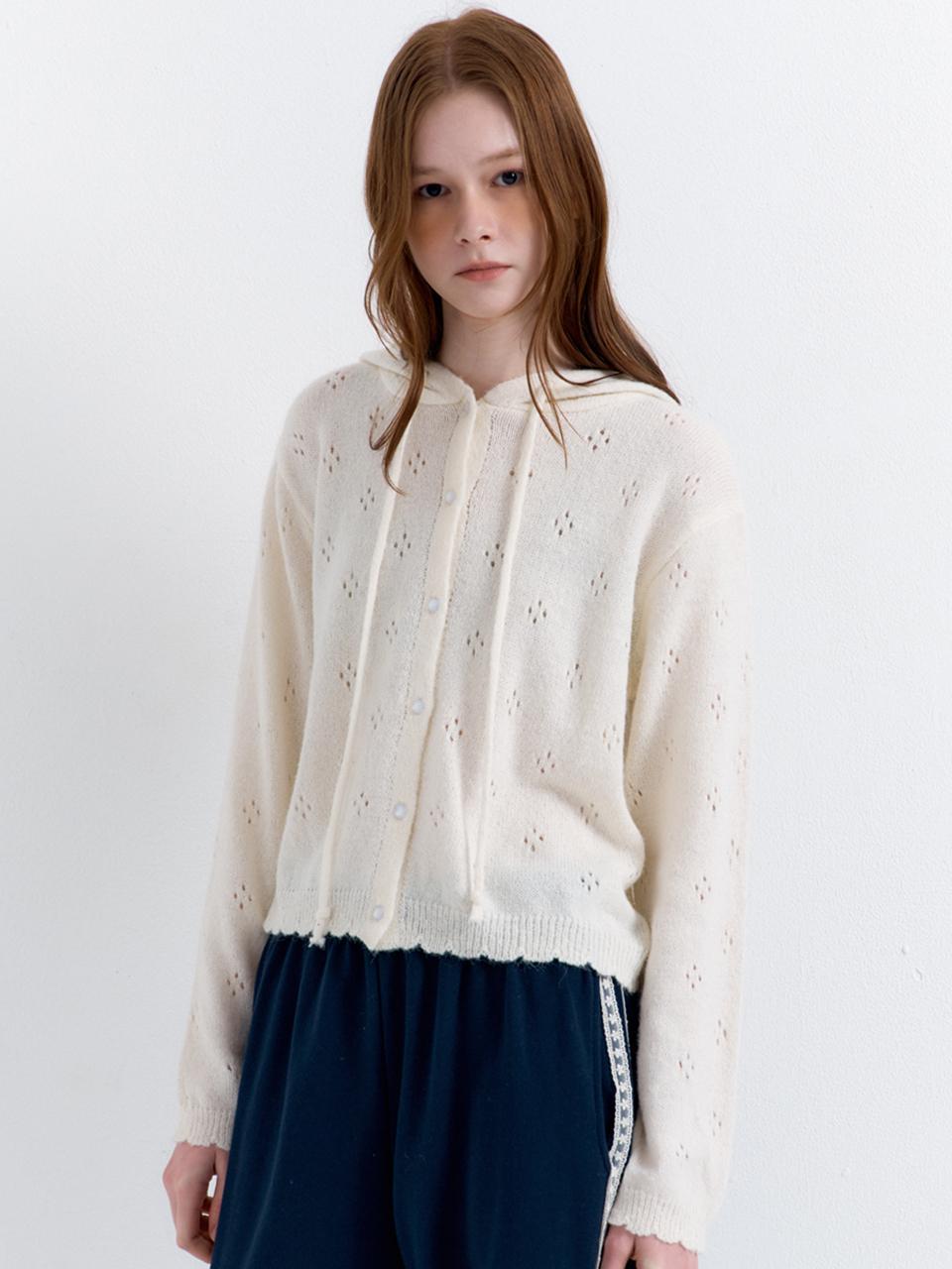 RAVEROUS Eyelet Punching Hood Knit Cardigan [Ivory]