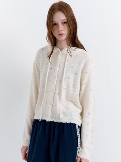 RAVEROUS Eyelet Punching Hood Knit Cardigan [Ivory]