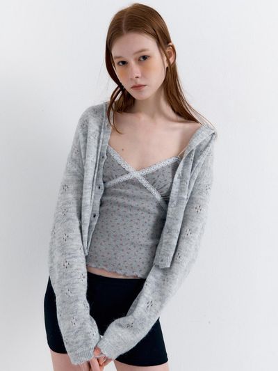 RAVEROUS Eyelet Punching Hood Knit Cardigan [Melange Gray]