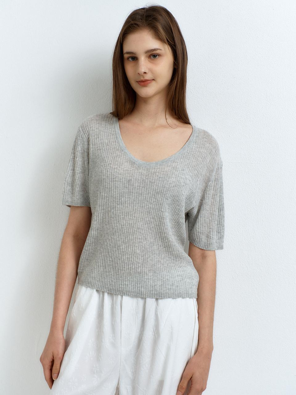 RAVEROUS Summer U-Neck Melange Knit Sweater [Gray]